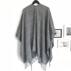 European and American spring, autumn and winter black and white checkered split large shawl, faux cashmere large jacquard tassel split shawl