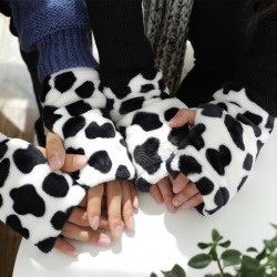 Cross-border supply winter new thickened flannel half-finger gloves for men and women, leopard print solid color black gloves wholesale