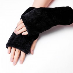 Cross-border supply winter new thickened flannel half-finger gloves for men and women, leopard print solid color black gloves wholesale