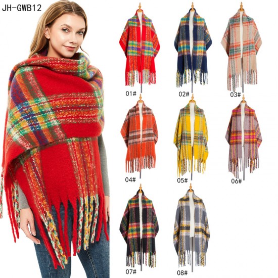 New autumn and winter style European and American loop yarn polyester women's warm thickened thick beard, thick tassel and fine checkered scarf for foreign trade New autumn and winter style European and American loop yarn polyester women's warm thickened thick beard, thick tassel and fine checkered scarf for foreign trade