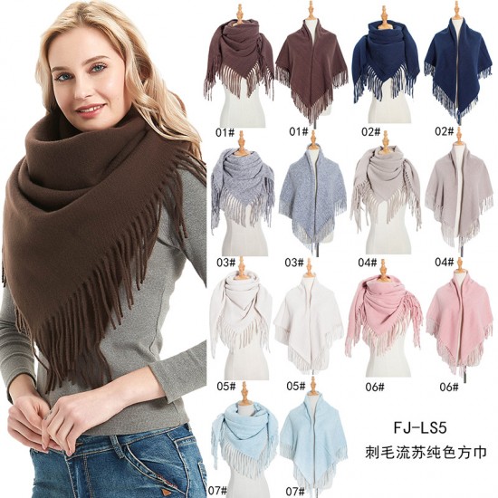 Factory direct supply of European and American style autumn and winter men's and women's full polyester knitted solid color fringed square scarves and scarves wholesale