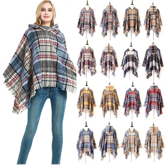 Factory direct sales of new export capes, European and American spring, autumn and winter new tweed pullover checkered hooded cape shawls