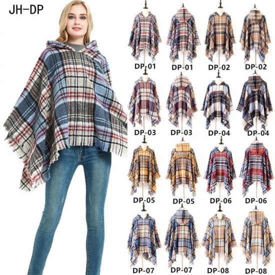 Factory direct sales of new export capes, European and American spring, autumn and winter new tweed pullover checkered hooded cape shawls