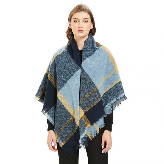 Amazon's hot autumn and winter new style European and American loop yarn shawl manufacturer blue fringed checkered square scarf Amazon's hot autumn and winter new style European and American loop yarn shawl manufacturer blue fringed checkered square scarf