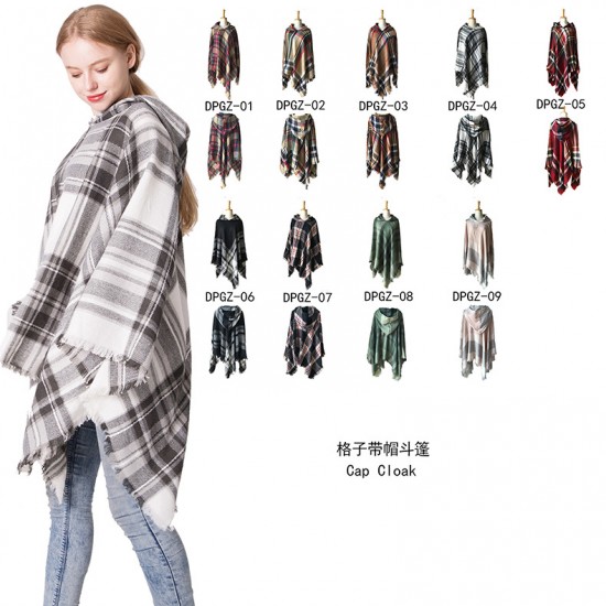 European and American spring, autumn and winter new seven-color checkered hooded cape shawl, hooded head, air conditioner large shawl manufacturer European and American spring, autumn and winter new seven-color checkered hooded cape shawl, hooded head, air conditioner large shawl manufacturer