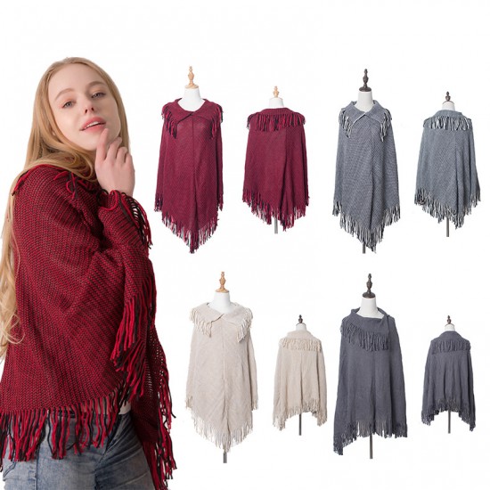 European and American autumn and winter warp knitted bat-sleeved lapel knitted sweater, women's fringed knitted sweater, pullover, cape and shawl European and American autumn and winter warp knitted bat-sleeved lapel knitted sweater, women's fringed knitted sweater, pullover, cape and shawl