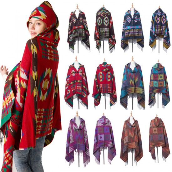 Autumn and winter new Yunnan horn-buckle ethnic style hooded cape shawl Bohemian ethnic style hooded shawl manufacturer Autumn and winter new Yunnan horn-buckle ethnic style hooded cape shawl Bohemian ethnic style hooded shawl manufacturer