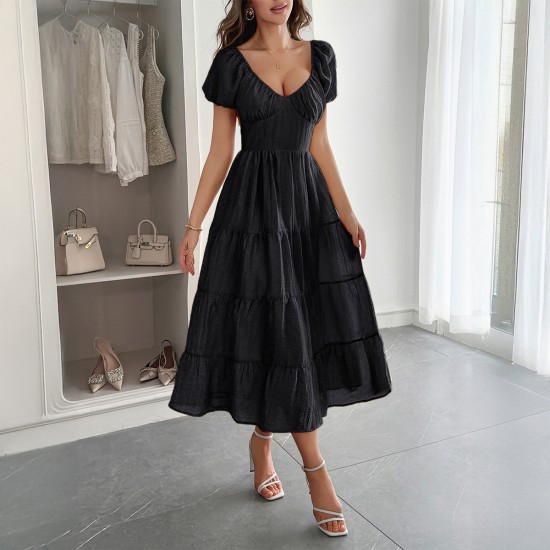 Diyun Cross-border European and American casual vacation style puffed-sleeve long dress women's clothing 2025 Summer Independent store on Amazon