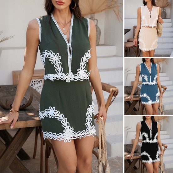 Di Yun's Spring/Summer 2025 cross-border European and American casual Bohemian vacation style geometric color contrast short pants and skirt suit women's clothing Di Yun's Spring/Summer 2025 cross-border European and American casual Bohemian vacation style geometric color contrast short pants and skirt suit women's clothing