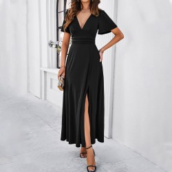 Diyun European and American women's clothing cross-border trade Spring/Summer 2024 Elegant and fitted solid color V-neck slit dress