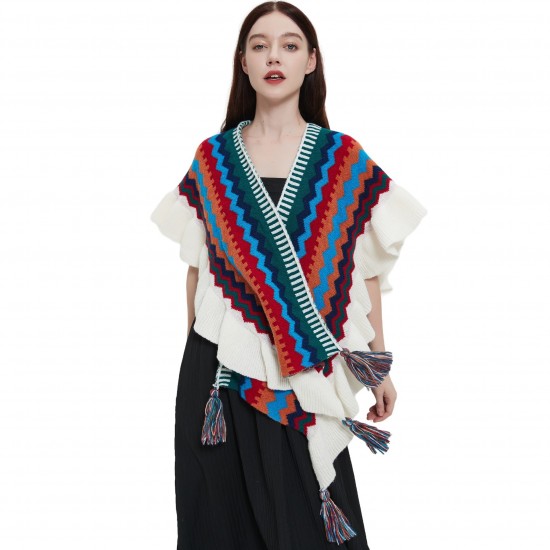 New style cape, European, American, spring, autumn and winter women's travel, ethnic style ruffled knitted shawl from the manufacturer New style cape, European, American, spring, autumn and winter women's travel, ethnic style ruffled knitted shawl from the manufacturer