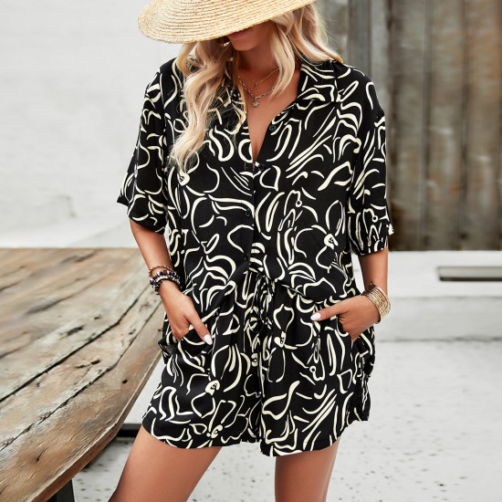 Diyun Cross-border European and American vacation-style printed shirt Women's Set 2025 Summer Export Casual Shorts Two-piece Set