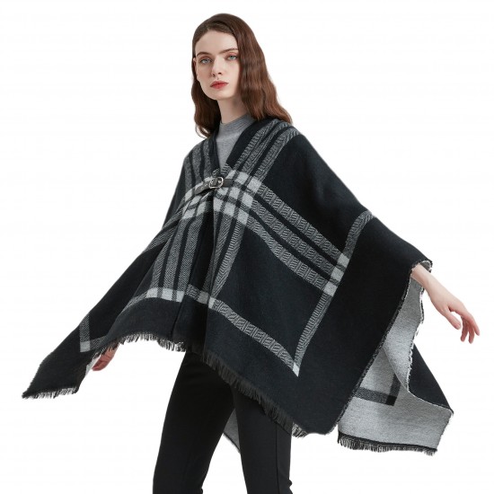 New European and American autumn and winter faux cashmere black and white checkered leather button-split shawl for women's capes manufacturer New European and American autumn and winter faux cashmere black and white checkered leather button-split shawl for women's capes manufacturer