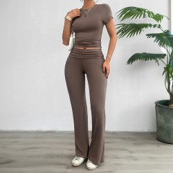 Diyun Cross-border Foreign Trade Women's Clothing Amazon Spring/Summer 2024 Casual Solid Color Slim Short-sleeved and long Pants Set