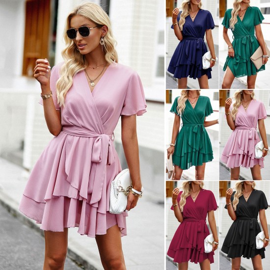 Diyun European and American women's dress 2023 Spring/Summer European and American cross-border Amazon strappy solid color A-line skirt short skirt Diyun European and American women's dress 2023 Spring/Summer European and American cross-border Amazon strappy solid color A-line skirt short skirt