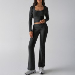Diyun Cross-border Foreign Trade 2024 Autumn/Winter Solid-color casual knitted long-sleeved top, yoga wear and two-piece pants set for Europe and America