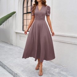 Diyun Cross-border 2025 Spring/Summer elegant solid-color high-waisted V-neck solid-color short-sleeved dress for children