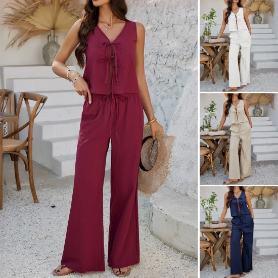 Diyun Cross-border 2025 Spring/Summer Women's Casual Vacation Style Solid Color sleeveless lace-up top wide-leg long pants set Diyun Cross-border 2025 Spring/Summer Women's Casual Vacation Style Solid Color sleeveless lace-up top wide-leg long pants set