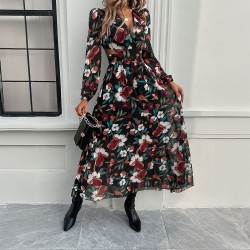 Diyun Cross-border European and American women's clothing Amazon Spring/Summer 2025 Foreign Trade vacation Casual color-blocking printed V-neck dress