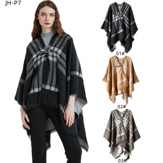 New European and American autumn and winter faux cashmere black and white checkered leather button-split shawl for women's capes manufacturer New European and American autumn and winter faux cashmere black and white checkered leather button-split shawl for women's capes manufacturer