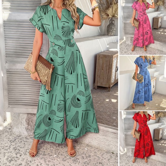 Di Yun's Spring/Summer 2025 cross-border European and American printed casual vacation style women's wear with a waisted short-sleeved shirt, wide-leg one-piece long pants Di Yun's Spring/Summer 2025 cross-border European and American printed casual vacation style women's wear with a waisted short-sleeved shirt, wide-leg one-piece long pants