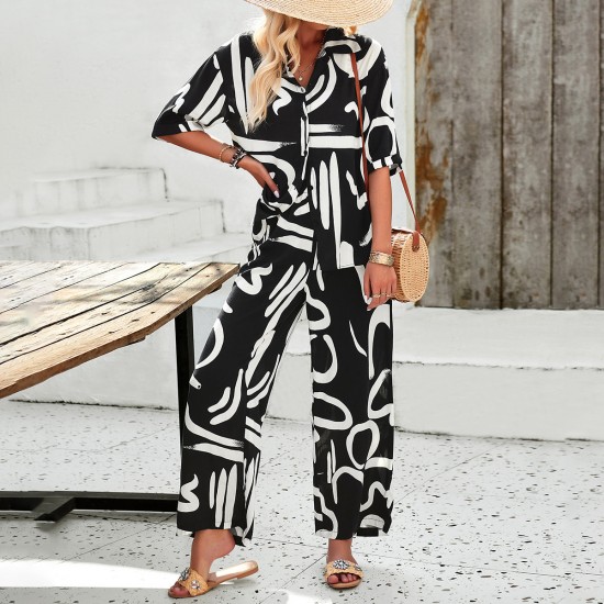 Diyun Cross-border European and American Women's Clothing Bohemian Vacation Style 2025 Spring/Summer Casual Printed short-sleeved pants Set