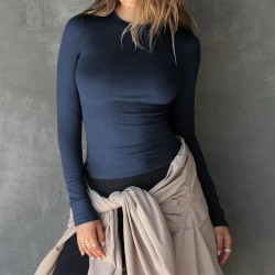 Diyun 2025 Spring/Summer Cross-border Amazon European and American Y2K knitted solid color slimming round neck long-sleeved T-shirt women's clothing
