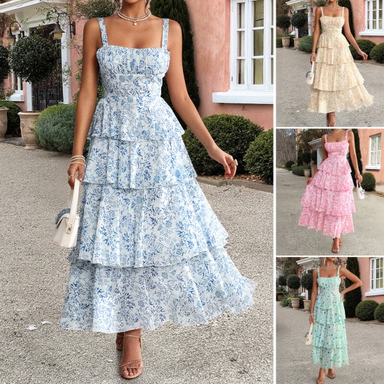 Diyun Cross-border 2025 Spring/Summer European and American style forest-themed small floral contrasting color chiffon halter dress for children