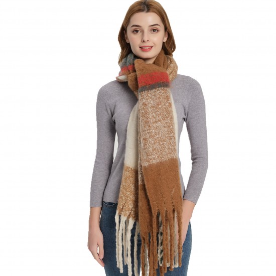 A new and popular European and American autumn and winter scarf and shawl with looped yarn imitation mohair and a checkered thick tassel pattern