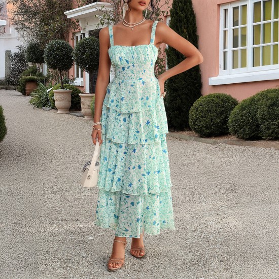 Diyun Cross-border 2025 Spring/Summer European and American style forest-themed small floral contrasting color chiffon halter dress for children