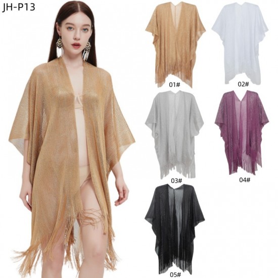 Cross-border hot foreign trade European and American new style cuff gold and silver thread tassel cape for women solid color summer transparent thin shawl Cross-border hot foreign trade European and American new style cuff gold and silver thread tassel cape for women solid color summer transparent thin shawl