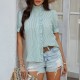 Diyun Cross-border European and American 2025 Spring/Summer Women's Top, casual and elegant solid color button cardigan, lace short-sleeved shirt