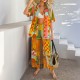 Diyun 2025 Spring/Summer European and American Leisure Vacation Wave Misia Geometric color-blocking cardigan Short-sleeved wide-leg Pants Set