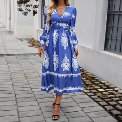 Diyun Cross-border 2024 Autumn/Winter Amazon European and American foreign Trade Women's Wear, elegant color-blocking printed V-neck long-sleeved dress