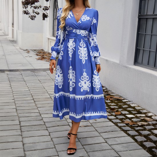 Diyun Cross-border 2024 Autumn/Winter Amazon European and American foreign Trade Women's Wear, elegant color-blocking printed V-neck long-sleeved dress