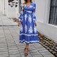 Diyun Cross-border 2024 Autumn/Winter Amazon European and American foreign Trade Women's Wear, elegant color-blocking printed V-neck long-sleeved dress