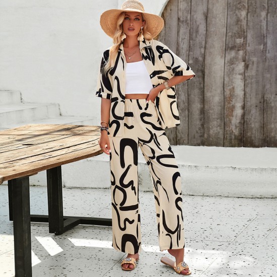 Diyun Cross-border European and American Women's Clothing Bohemian Vacation Style 2025 Spring/Summer Casual Printed short-sleeved pants Set