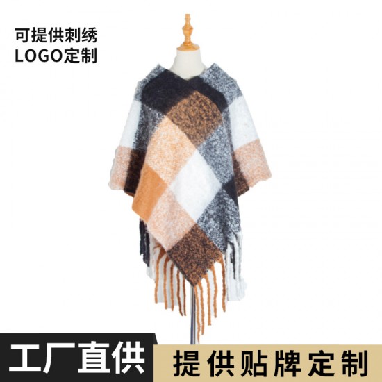Custom-made European and American autumn and winter loop gauze thickened with tassels and checkered pullover shawl cape in stock from the manufacturer Custom-made European and American autumn and winter loop gauze thickened with tassels and checkered pullover shawl cape in stock from the manufacturer