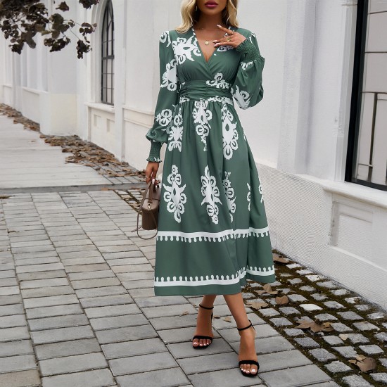 Diyun Cross-border 2024 Autumn/Winter Amazon European and American foreign Trade Women's Wear, elegant color-blocking printed V-neck long-sleeved dress