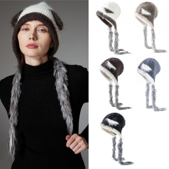 Amazon's hot winter export new cat ear, mink fur, woolen thread ear protection, color-blocked braided hat, knitted hat
