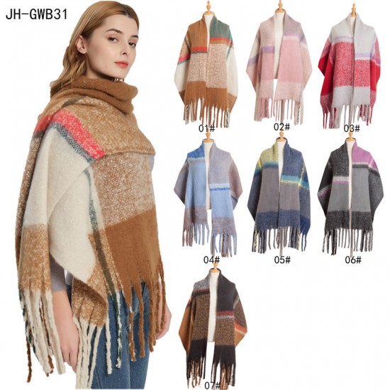 A new and popular European and American autumn and winter scarf and shawl with looped yarn imitation mohair and a checkered thick tassel pattern