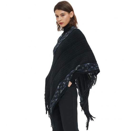 New style of pullover shawl for foreign trade, European and American spring and autumn striped solid color fringed knitted cape shawl in stock wholesale factory