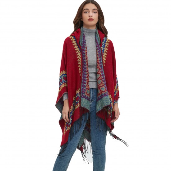 New cross-border trade shawl, European and American spring, autumn and winter cape, ethnic style, heart-shaped red tassel hooded cape New cross-border trade shawl, European and American spring, autumn and winter cape, ethnic style, heart-shaped red tassel hooded cape