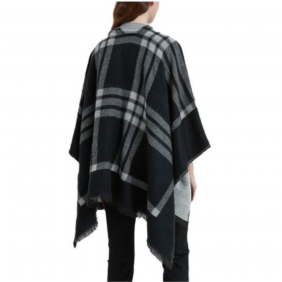 New European and American autumn and winter faux cashmere black and white checkered leather button-split shawl for women's capes manufacturer New European and American autumn and winter faux cashmere black and white checkered leather button-split shawl for women's capes manufacturer