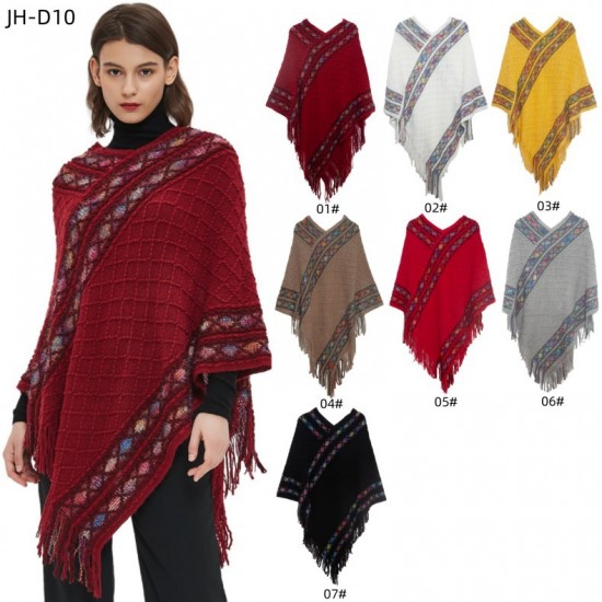 European and American spring and autumn new retro ethnic style solid-color knitted pullover cape shawl in stock manufacturer European and American spring and autumn new retro ethnic style solid-color knitted pullover cape shawl in stock manufacturer