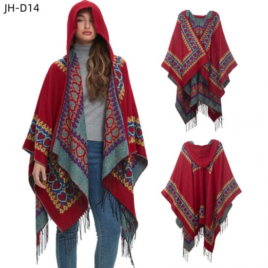 New cross-border trade shawl, European and American spring, autumn and winter cape, ethnic style, heart-shaped red tassel hooded cape New cross-border trade shawl, European and American spring, autumn and winter cape, ethnic style, heart-shaped red tassel hooded cape