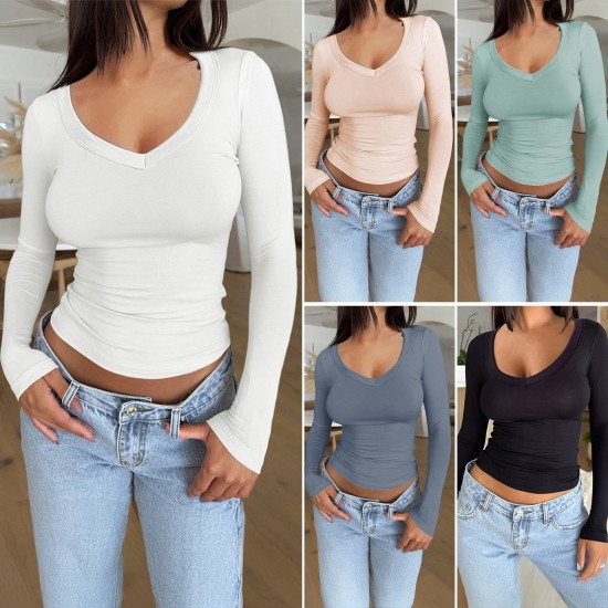 Diyun's European and American cross-border Amazon independent Station 2024 Spring/Summer women's wear, elegant and fitted solid color U-neck long-sleeved top Diyun's European and American cross-border Amazon independent Station 2024 Spring/Summer women's wear, elegant and fitted solid color U-neck long-sleeved top