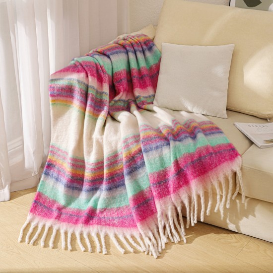 Foreign trade European and American autumn and winter hoop yarn imitation mohair thickened striped large shawl cover blanket manufacturer Foreign trade European and American autumn and winter hoop yarn imitation mohair thickened striped large shawl cover blanket manufacturer
