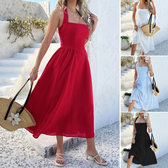 Diyun 2025 Spring/Summer European and American Amazon casual vacation style solid color high-waisted sleeveless halter dress for women
