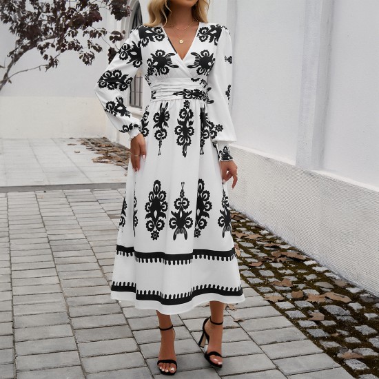 Diyun Cross-border 2024 Autumn/Winter Amazon European and American foreign Trade Women's Wear, elegant color-blocking printed V-neck long-sleeved dress